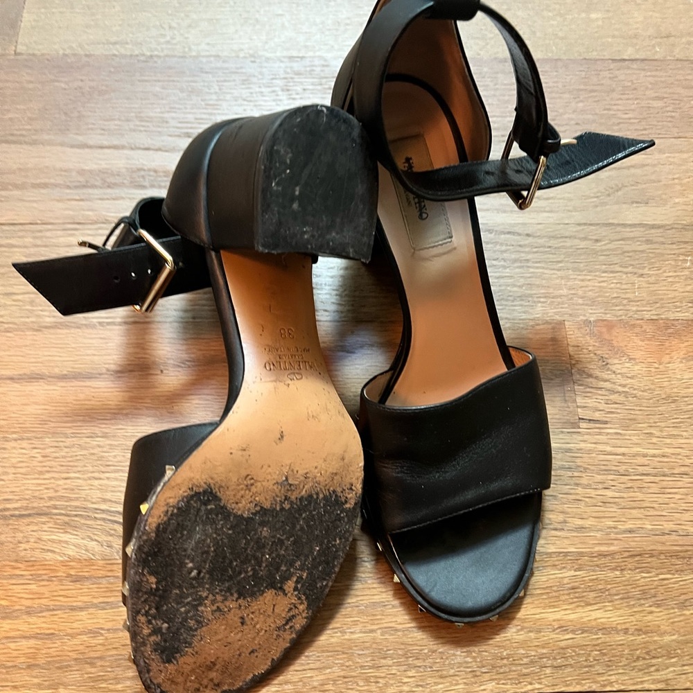 Valentino Black Leather Soul Rockstud Ankle Strap Block Heel Sandals Size 38 - Picture 14 of 16